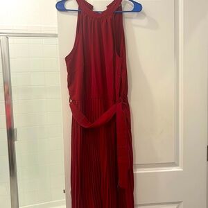 Red pleated midi dress